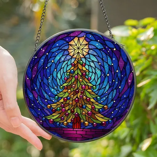 Holiday Lovers' Stained Glass Christmas Tree Golden Star Ornaments Celestial Sky Stained Glass Suncatcher