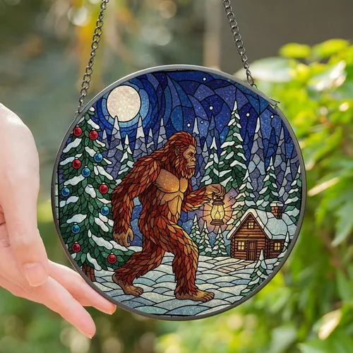 Winter Forest Adventurers' Intricate Tiffany Stained Glass Bigfoot Winter Forest Night with Glowing Lantern, Snowy Cabin, Amber Blue Teal Tones Stained Glass Suncatcher