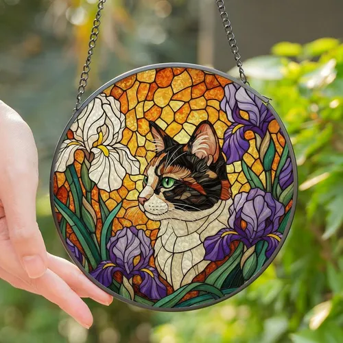 Cat & Art Lovers' Jewel Tone Stained Glass Calico Feline Amber Purple Iris Mosaic Stained Glass Suncatcher