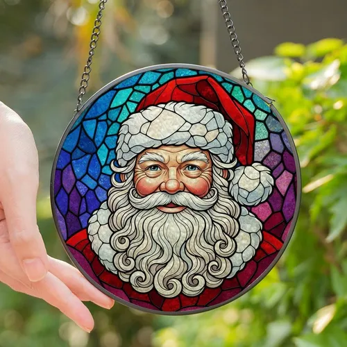 Christmas Enthusiasts' Benevolent Santa Tiffany Style Stained Glass Mosaic Art Blue Red Purple Teal Jewel Tones Stained Glass Suncatcher