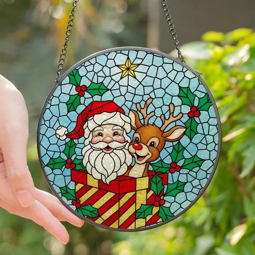 Holiday Lovers' Vibrant Jewel-Toned Tiffany Stained Glass Santa Reindeer Christmas Mosaic Art Stained Glass Suncatcher