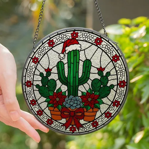 Festive Art Admirers' Detailed Jewel Tone Stained Glass Cactus Santa Hat Poinsettia Holiday Mosaic Stained Glass Suncatcher