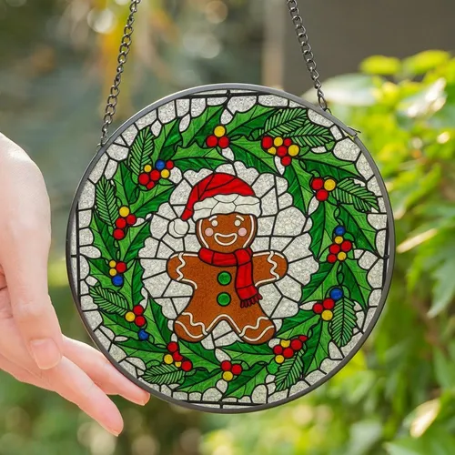 Holiday Enthusiast's Vibrant Tiffany Stained Glass Gingerbread Man, Santa Hat, Gumdrop Buttons, Festive Jewel Tone Mosaic Stained Glass Suncatcher