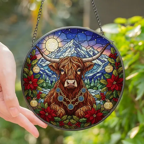 Highland Cow Lovers' Stained Glass Winter Wonderland Mosaic: Jewel Tone Cow, Festive Holly, Poinsettia & Twilight Peaks Stained Glass Suncatcher