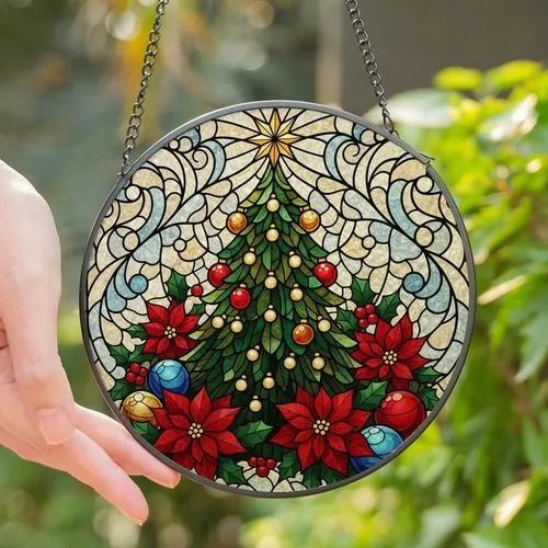 Holiday Enthusiasts' Intricate Stained Glass Tiffany Style Christmas Tree with Jewel-Tone Poinsettias & Holly Mosaic Stained Glass Suncatcher