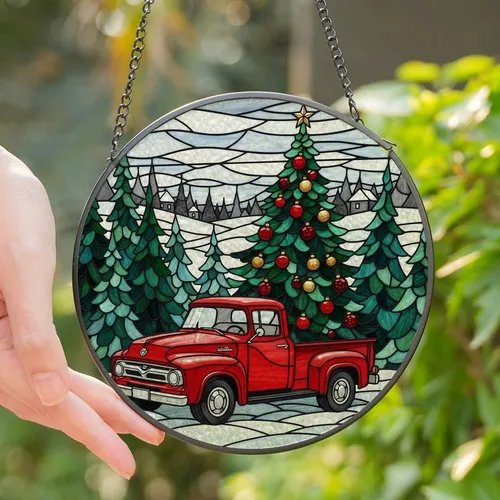 Holiday Enthusiasts' Tiffany Style Stained Glass Red Truck Christmas Tree Jewel Tone Winter Mosaic Stained Glass Suncatcher