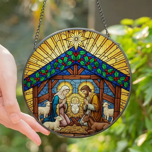 Festive Season Art Lovers' Tiffany Style Stained Glass Nativity Jewel Tone Mosaic Stained Glass Suncatcher