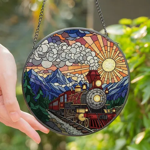 Vintage Train Lovers' Intricate Tiffany Stained Glass Red Gold Steam Locomotive Mountain Sunset Stained Glass Suncatcher