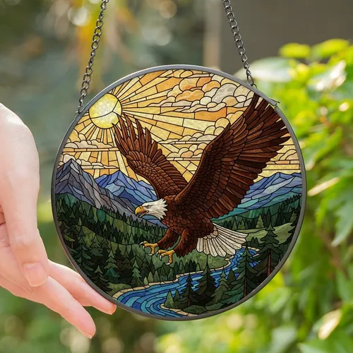Nature Lovers' Majestic Stained Glass Bald Eagle Mountain River Forest Radiant Jewel Tones Stained Glass Suncatcher