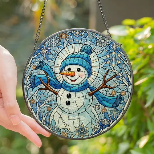 Winter Lovers' Stained Glass Snowman Mosaic with Luminous Jewel Tones & Intricate Frost Patterns Stained Glass Suncatcher