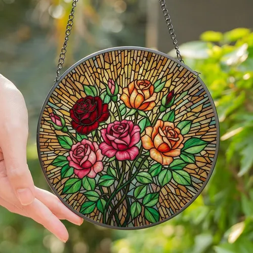 Floral Art Lovers' Intricate Red Pink Rose Tiffany Stained Glass Mosaic Design Stained Glass Suncatcher
