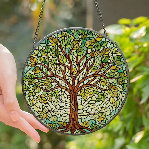 Nature Lovers' Tiffany Stained Glass Tree of Life Intricate Edge-to-Edge Green Amber Gold Mosaic Stained Glass Suncatcher