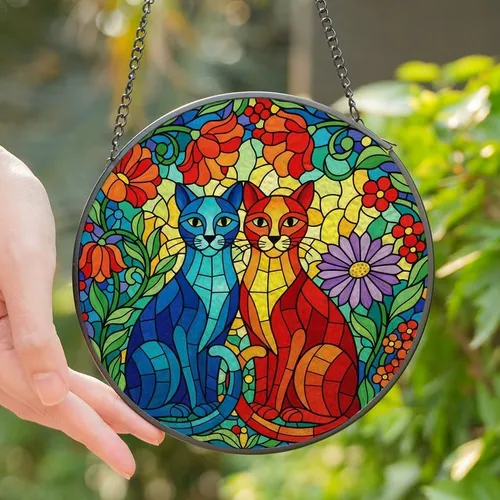 Cat Lovers' Vibrant Tiffany Stained Glass Mosaic Cats Floral Jewel Tone Stained Glass Suncatcher
