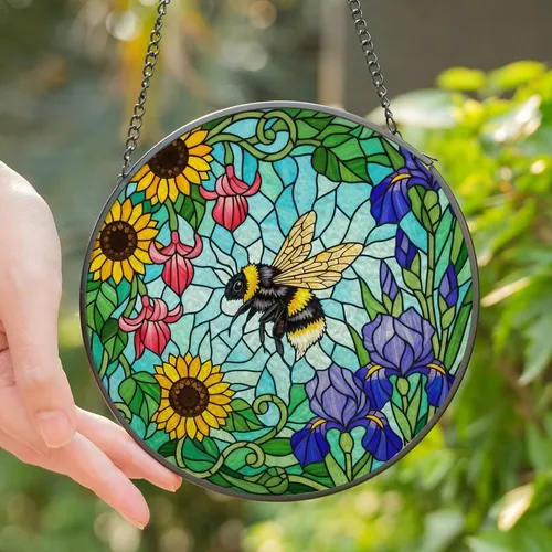 Nature Lovers' Vibrant Stained Glass Bumblebee Floral Mosaic Yellow Black Green Blue Purple Stained Glass Suncatcher