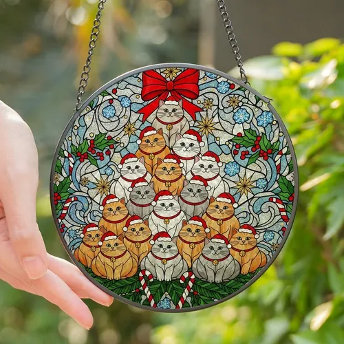 Cat Lovers' Intricate Stained Glass Christmas Tree of Fluffy Cats, Jewel Tone Red Green Festive Mosaic Stained Glass Suncatcher