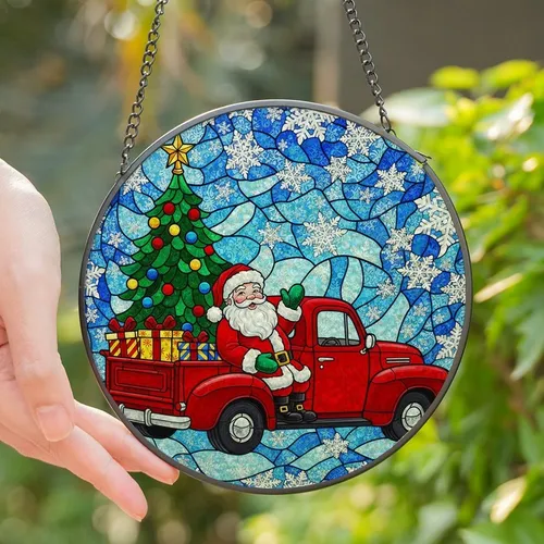 Christmas Enthusiasts' Tiffany Style Stained Glass Vintage Santa Pickup Ruby Red Emerald Green Snowflake Mosaic Stained Glass Suncatcher