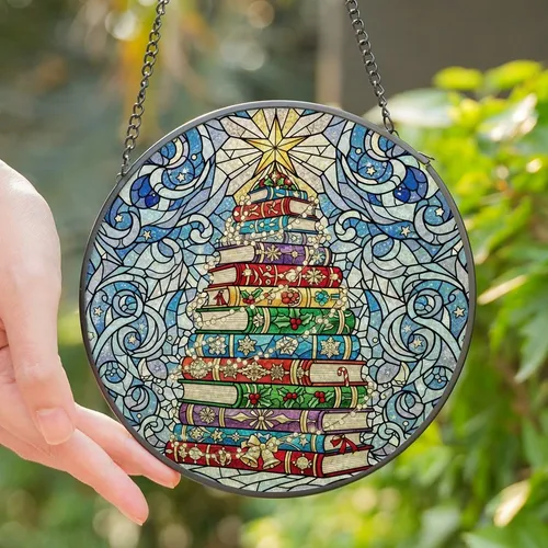 Christmas Lovers' Vibrant Jewel Tone Stained Glass Book Tree Mosaic with Golden Star & Snow Swirls Stained Glass Suncatcher