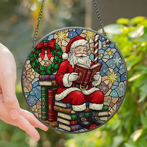 Christmas Enthusiasts' Intricate Tiffany Stained Glass Jolly Santa Reading Book Red Green Purple Stained Glass Suncatcher
