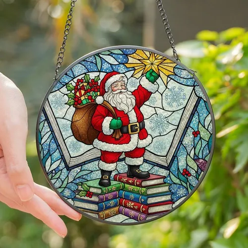 Christmas Lovers' Vibrant Stained Glass Santa on Books with Golden Star, Holly, Snowflakes, Jewel Tones & Swirling Winter Design Stained Glass Suncatcher