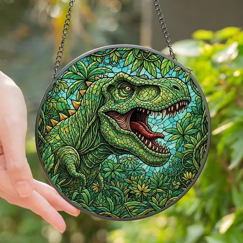 Dinosaur Enthusiasts' Jewel Tone  Roaring T-Rex Emerald Jungle Mosaic Design Stained Glass Suncatcher