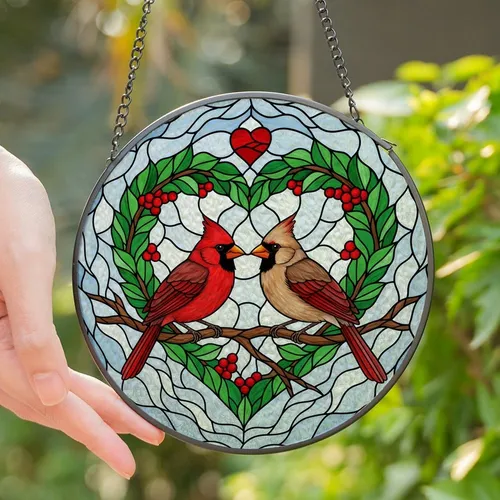 Bird Enthusiasts' Tiffany Glass Cardinals Heart Frame Vibrant Jewel Tone Mosaic Stained Glass Suncatcher