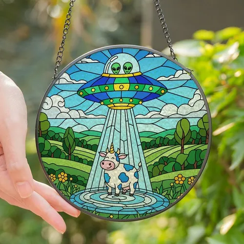 Sci-Fi Art Lovers' Vivid Stained Glass UFO Abduction, Alien Cow Unicorn & Pastoral Sky Stained Glass Suncatcher