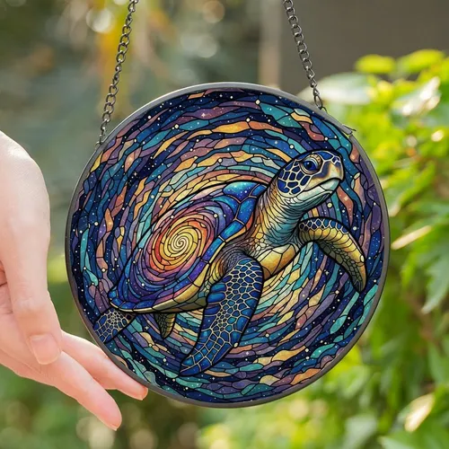 Ocean & Space Lovers' Vibrant Tiffany Stained Glass Sea Turtle Galaxy Nebula Art Stained Glass Suncatcher