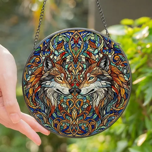 Wildlife Enthusiasts' Intricate Stained Glass Wolves Nuzzling Mosaic Jewel Tones Abstract Foliage Stained Glass Suncatcher