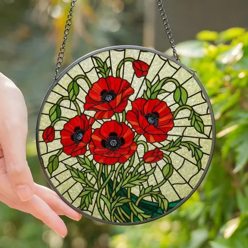 Nature Enthusiasts' Fiery Red Poppy Deep Green Leaves Stained Glass Tiffany Art Mosaic Pattern Stained Glass Suncatcher