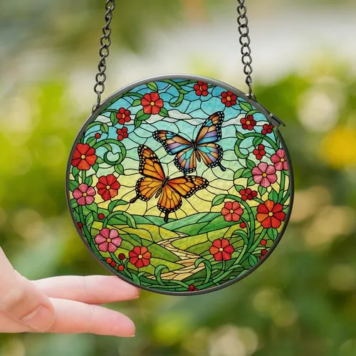 Nature Lovers' Detailed Tiffany Stained Glass Orange & Blue Butterflies Floral Mosaic Stained Glass Suncatcher