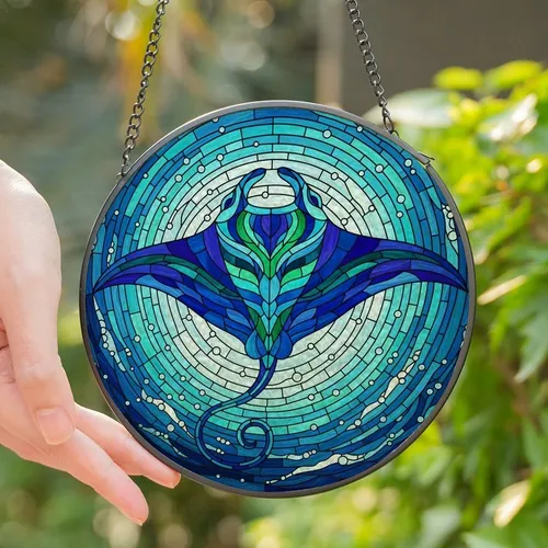 Ocean Lovers' Majestic Blue Green Stingray Tiffany Stained Glass Ocean Mosaic with Intricate Patterns Stained Glass Suncatcher