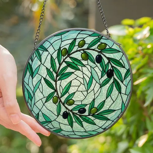 Artful Individuals' Stained Glass Olive Branch Emerald Aqua Jewel Tone Pattern Stained Glass Suncatcher