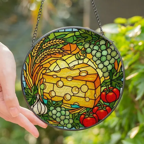 Gourmet Lovers' Vibrant Stained Glass Swiss Cheese & Rustic Harvest Mosaic Art Stained Glass Suncatcher