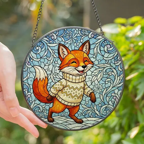 Nature Lovers' Vibrant Orange Fox Stained Glass Tiffany Style Frosty Winter Snowflakes Mosaic Stained Glass Suncatcher