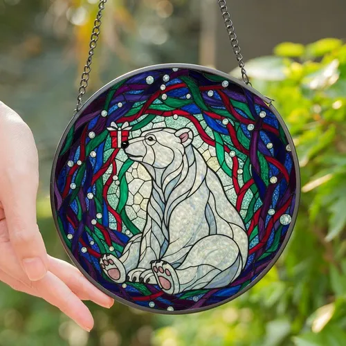 Festive Nature Lovers' 8K Tiffany Stained Glass Polar Bear Balancing Red Gift Jewel Tone Abstract Mosaic Stained Glass Suncatcher