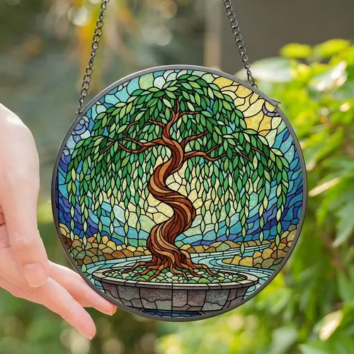 Nature Lovers' Emerald Green Tiffany Stained Glass Weeping Willow Bonsai & Organic Dappled Light Mosaic Stained Glass Suncatcher