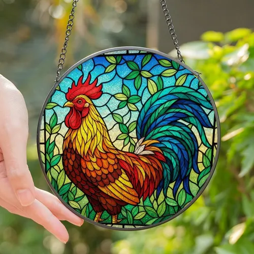 Rooster Enthusiasts' Vibrant Tiffany Stained Glass Rooster Mosaic Art, Lush Foliage, Bright Sky Stained Glass Suncatcher