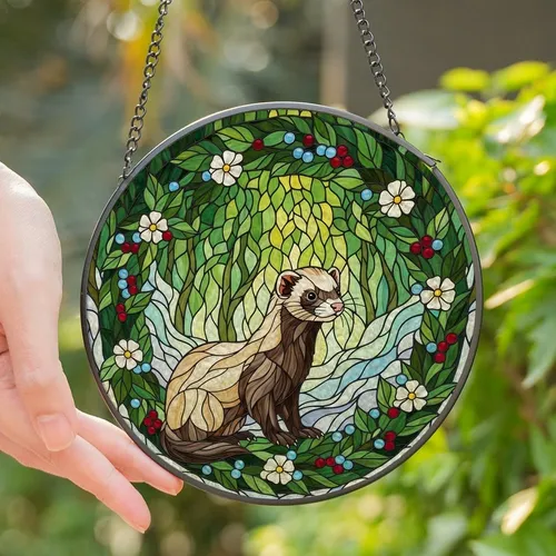 Ferret Lovers' Ornate Sable Ferret Stained Glass Art with Emerald Leaves, Ruby Berries & Blue Sky Mosaic Stained Glass Suncatcher