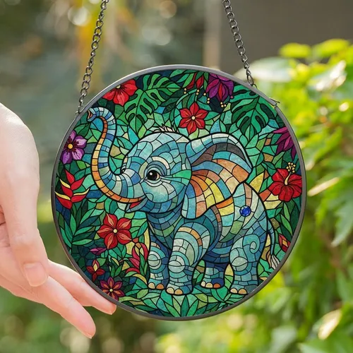 Elephant Lovers' Jewel Tone Tiffany Style Baby Elephant Tropical Stained Glass Mosaic Stained Glass Suncatcher