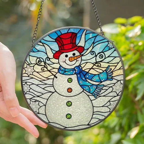 Winter Art Enthusiasts' Vibrant Tiffany Style Snowman Winter Landscape Mosaic Jewel Tone Design Stained Glass Suncatcher