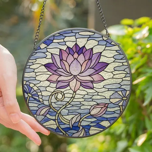 Women's Purple Pink Indigo Jewel Tone Stained Glass Lotus Pond Mosaic Pattern Stained Glass Suncatcher