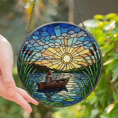 Nature Art Enthusiasts Vibrant Jewel Tone Stained Glass Fisherman Mosaic Stained Glass Suncatcher