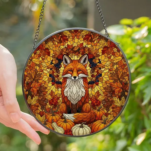 Autumn Enthusiasts' Intricate Stained Glass Fox Autumn Wreath Pumpkin Forest Design Stained Glass Suncatcher