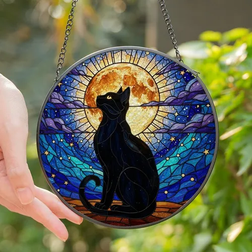Cat Lovers' Tiffany Stained Glass Black Cat Cosmic Sky Full Moon Jewel Tones Amber Gold Blue Stained Glass Suncatcher