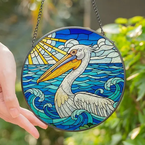 Coastal Enthusiasts' Vibrant White Pelican Stained Glass Art Ocean Mosaic Blue Teal Yellow Sun Stained Glass Suncatcher
