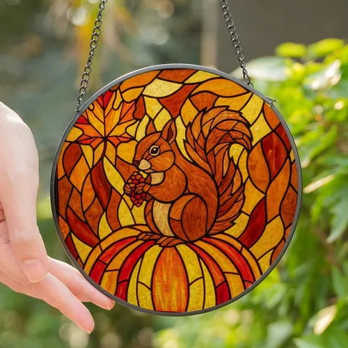 Autumn Art Lovers' Glowing Tiffany Stained Glass Squirrel Pumpkin Fiery Orange Mosaic Stained Glass Suncatcher