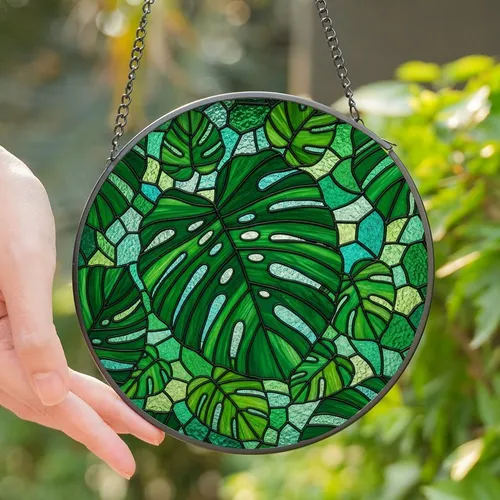 Nature Enthusiasts' Vibrant Emerald Teal Monstera Stained Glass Mosaic Art Stained Glass Suncatcher