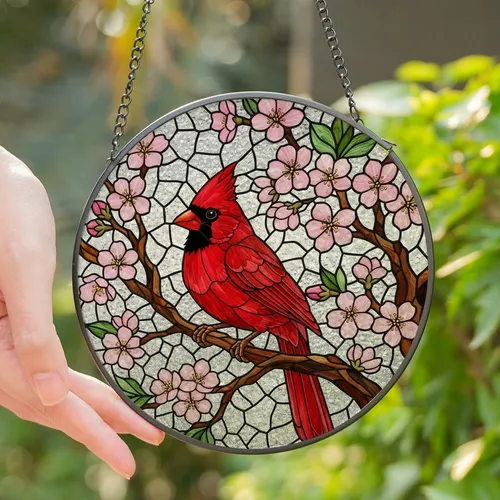 Art Admirers' Vibrant Red Cardinal Pink Cherry Blossom Tiffany Glass Mosaic Pattern Stained Glass Suncatcher
