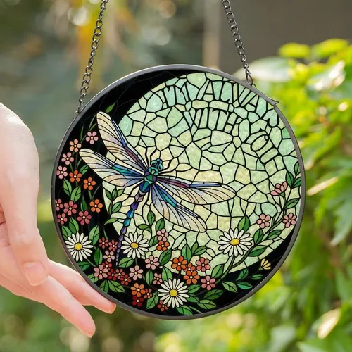 Art Enthusiasts' Vibrant Tiffany Stained Glass Dragonfly Floral Mosaic, Jewel Tone Blues, Greens, Pinks Stained Glass Suncatcher