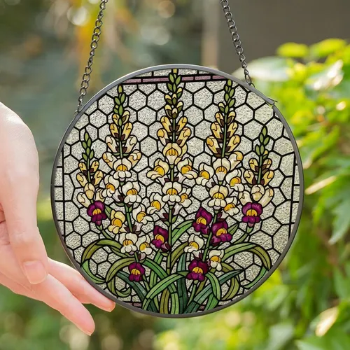 Art Lovers' Jewel Tone Stained Glass Snapdragon Bouquet Golden Yellow Magenta Frosted Geometric Art Stained Glass Suncatcher